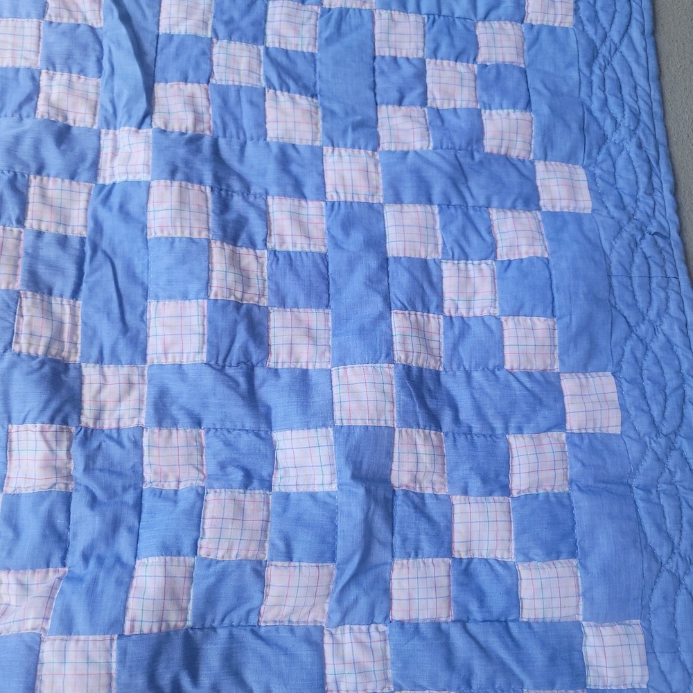 Vintage Handmade Hand Stitched Patchwork Quilt Bedspread 80x92 Blue Pink - Picture 3 of 9